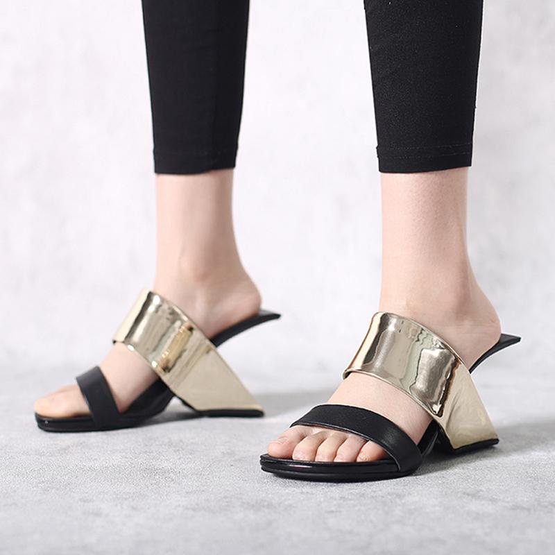 2024 Summer New Slipper Genuine Leather Peep Toe Hollow Strange 8cm High Heels Slip On Mules Beauty Lady Convenient Cozy Sandals