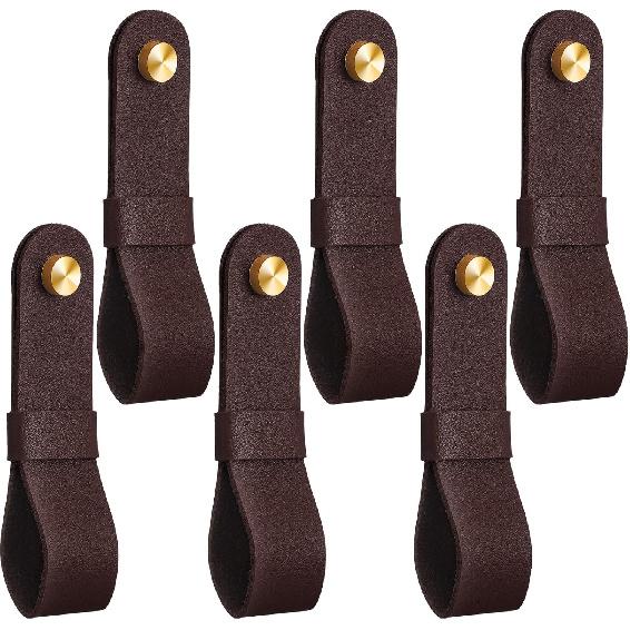 6 Pcs Leather Curtain Rod Holders PU Leather Curtain Rod Bracket Mounted Loop Straps with Screws and Plastic Wall Plugs, Boho Pole Hanger Hook for