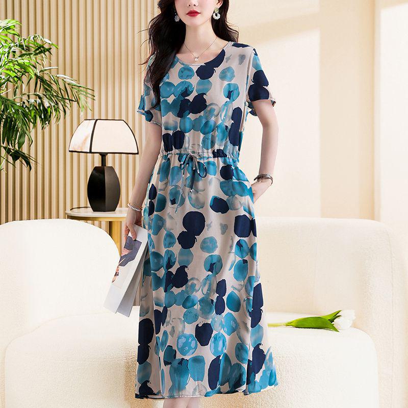 Elegant Plus Size Cotton Silk Knee-Length Dress with Waist Cinch for Middle-Aged Women