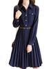 Hemixewn Pleated Dress with Through and Relaxed Fit Women's Knee-Length Sleeves, Elegant, Fold-Up Collar,