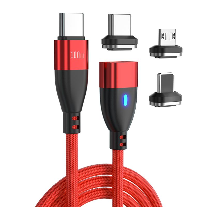 

ENKAY 1m 24Pin PD 100W Type-C to iP/Type-C/Micro USB Magnetic Charging Data Cable with LED Indicator Red