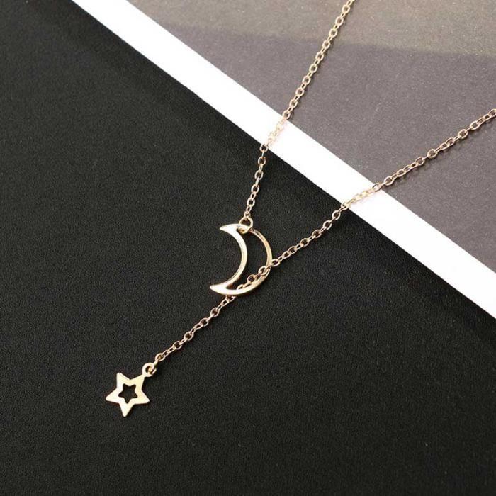 Collier Sautoir Pendentif - SHOP-STORY - MOON STAR GOLD - Acier inoxydable - 50 cm - Céleste