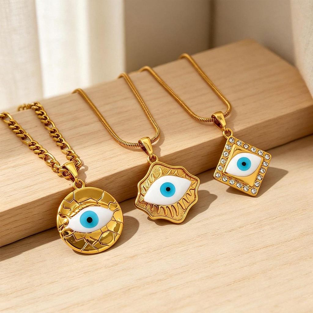 Retro Devil's Eye Pendant Necklace with Snake Bone Chain and Rhinestones, Stainless Steel and Titanium Steel.