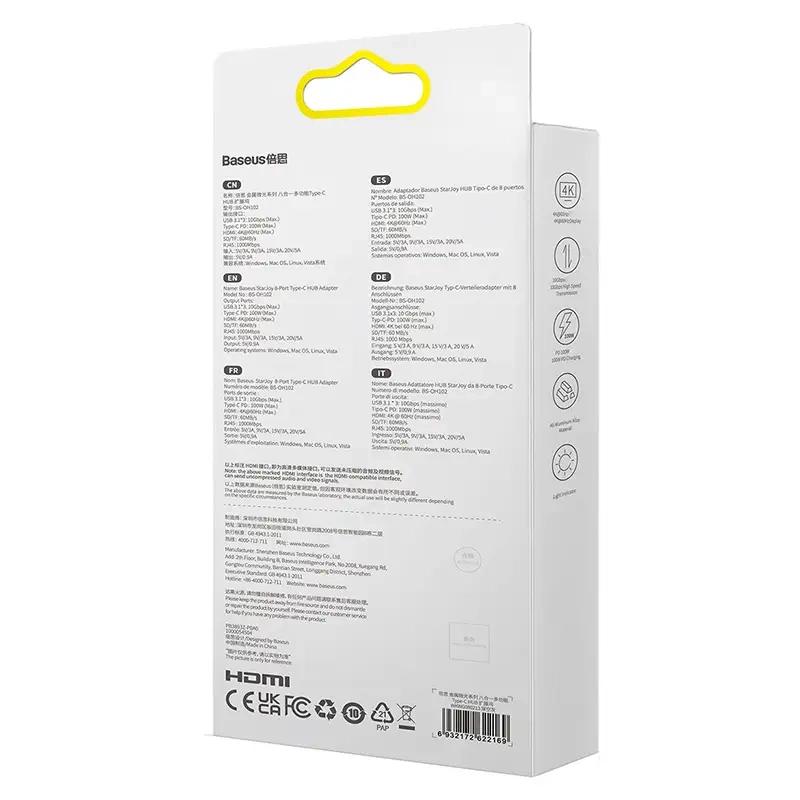 Hub 8W1 Baseus Starjoy Series, Usb-C Do Hdmi + 3 X Usb 3.1 + Usb-C Pd + Rj45 + Microsd/Sd