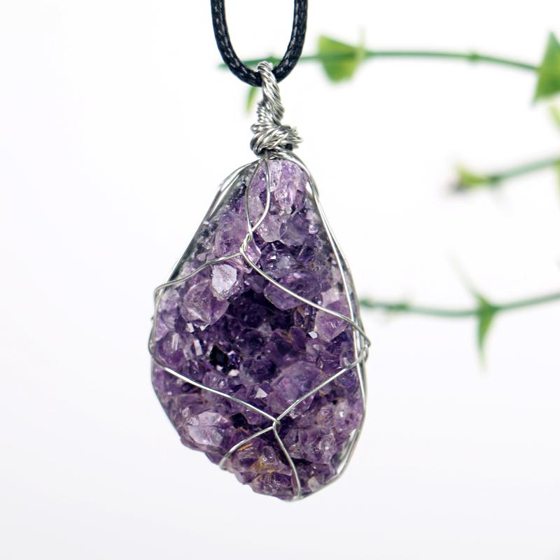 Natural Amethyst Crystal Pendant Wire Wrapped Raw Cluster Necklace Handmade Healing Gemstone Jewelry for Women Men Energy Gift