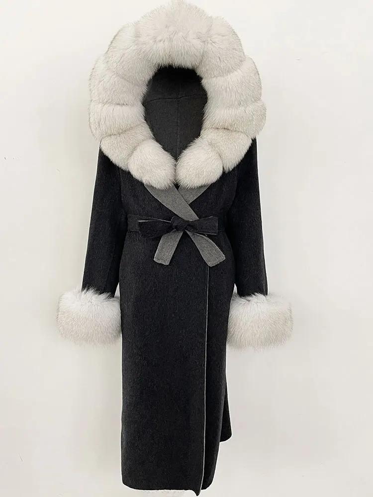 OFTBUY Winter Women Coat Real Natural Fox Fur Hooded Detachable Collar Double-faced Woolen Jacket Long Casual Elegant Overwears