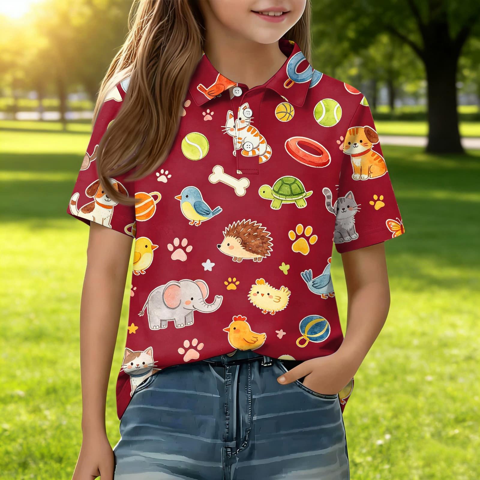 

Kids Short Sleeve Polo Shirt Animal Print Casual Tee Button Down Collar Lightweight Soft Fabric Comfortable Fit Summer Wear 130 червоний