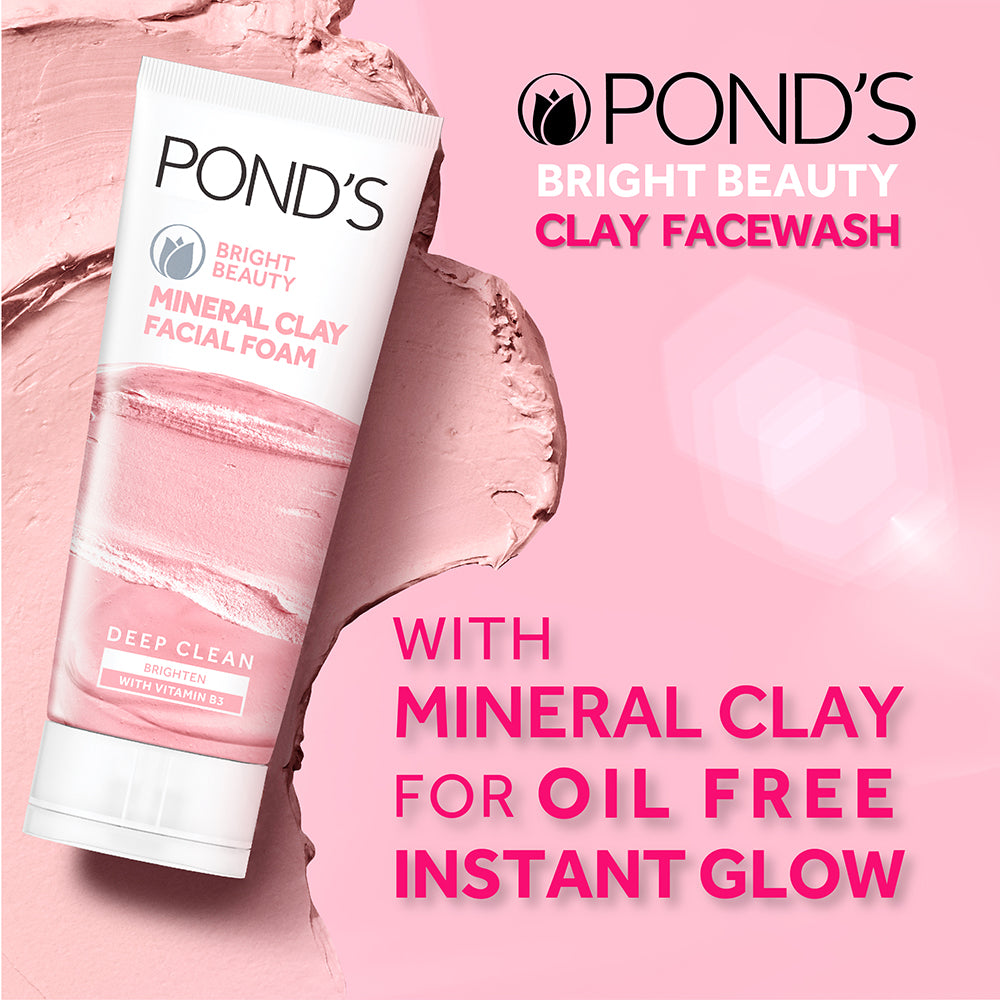 POND'S Bright Beauty Clay Face Wash 90g For Oily Skin With Vitamin B3 And Manicouagan Clay For Instant Glow And Deep Cleanse
