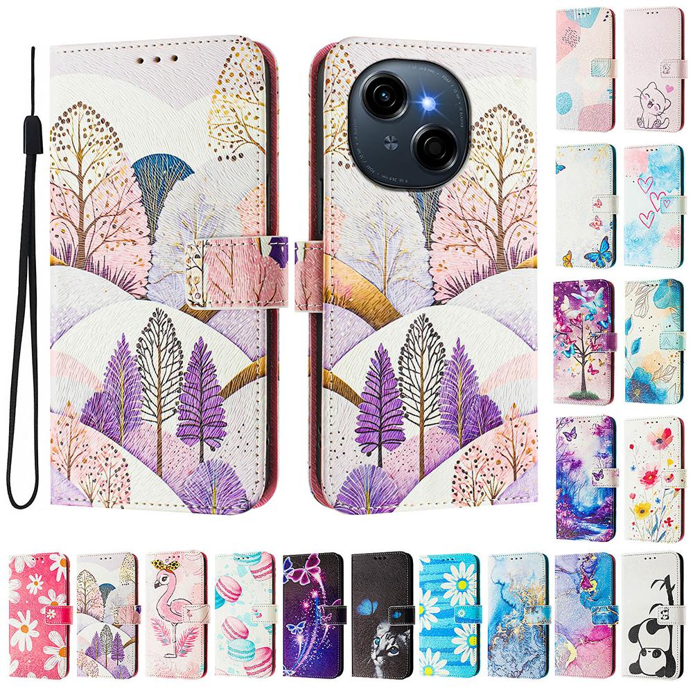 Coloured Drawing Wallet Case for Tecno Spark Go 1 20 Pro Plus 30C Camon 30 Pova 6 Neo Pop 9 Stand Card Holder Strap Phone Cover