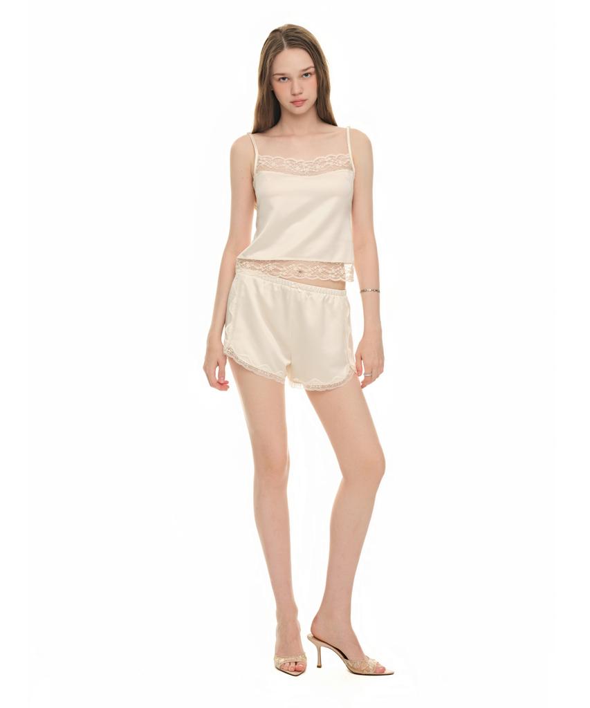 TOOMUCHTAX Lace Trim Slip Shorts Ivory