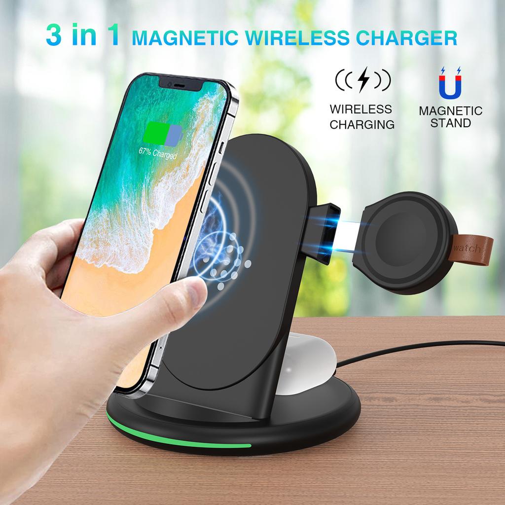 3 in 1 Magnetic Wireless Charger 15W Stand Fast Wireless Charging for Samsung Xiaomi Huawei Phones iPhone Apple iwatch Earphone