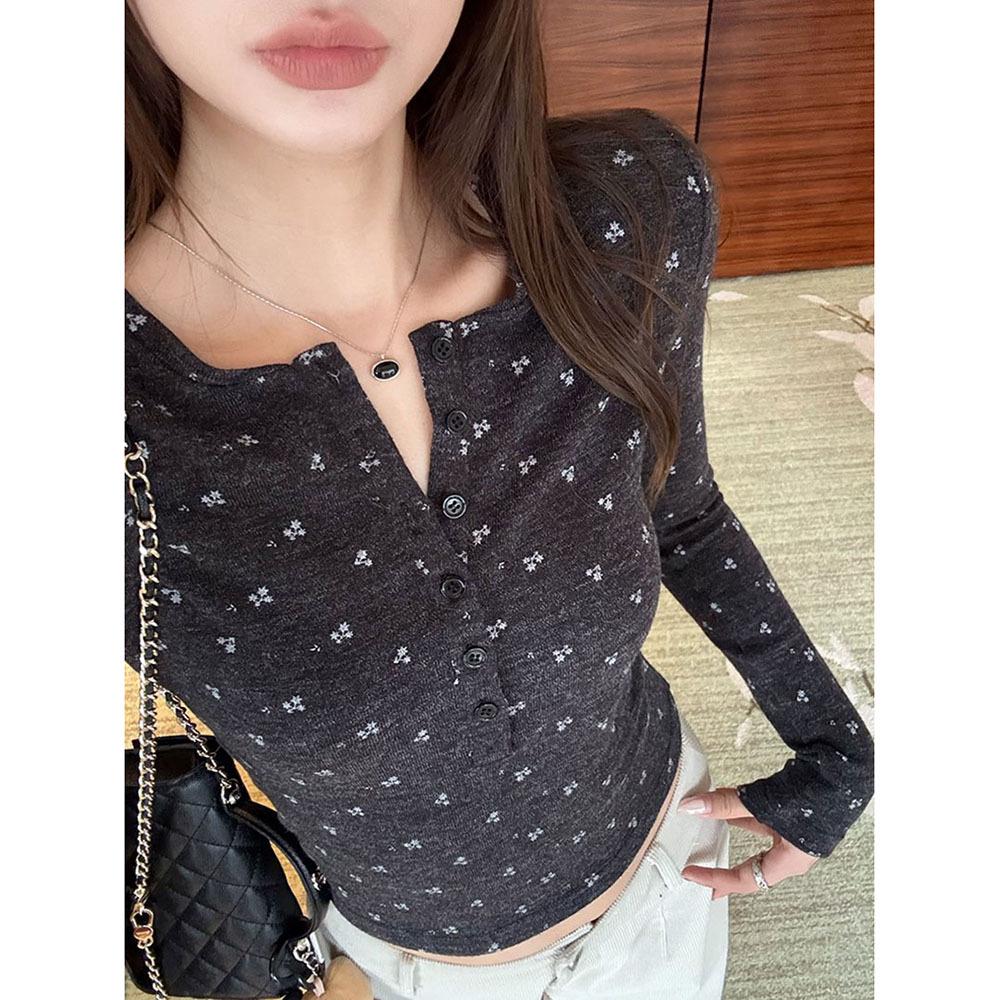 Women s Autumn/Winter Floral Henley Slim Fit Long Sleeve Top Large