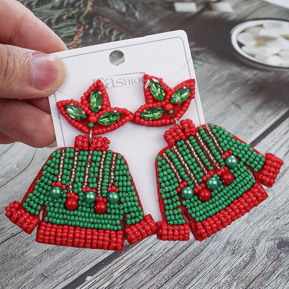 Xmas Handmade Beaded Ear Drop Sweater Boots Ear Stud Vintage Merry Christmas Earrings  New Year