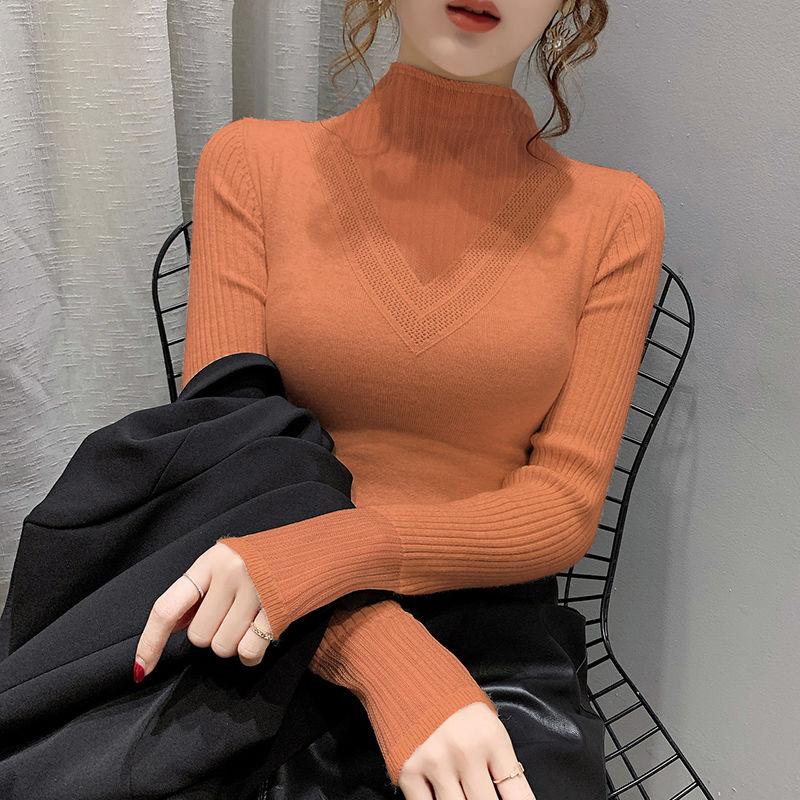 

Осенне-зимняя женская вязаная майка, кружевная полуводолазка, вязаный женский тонкий свитер, пуловер, вязаный топ 3XL оранжевый