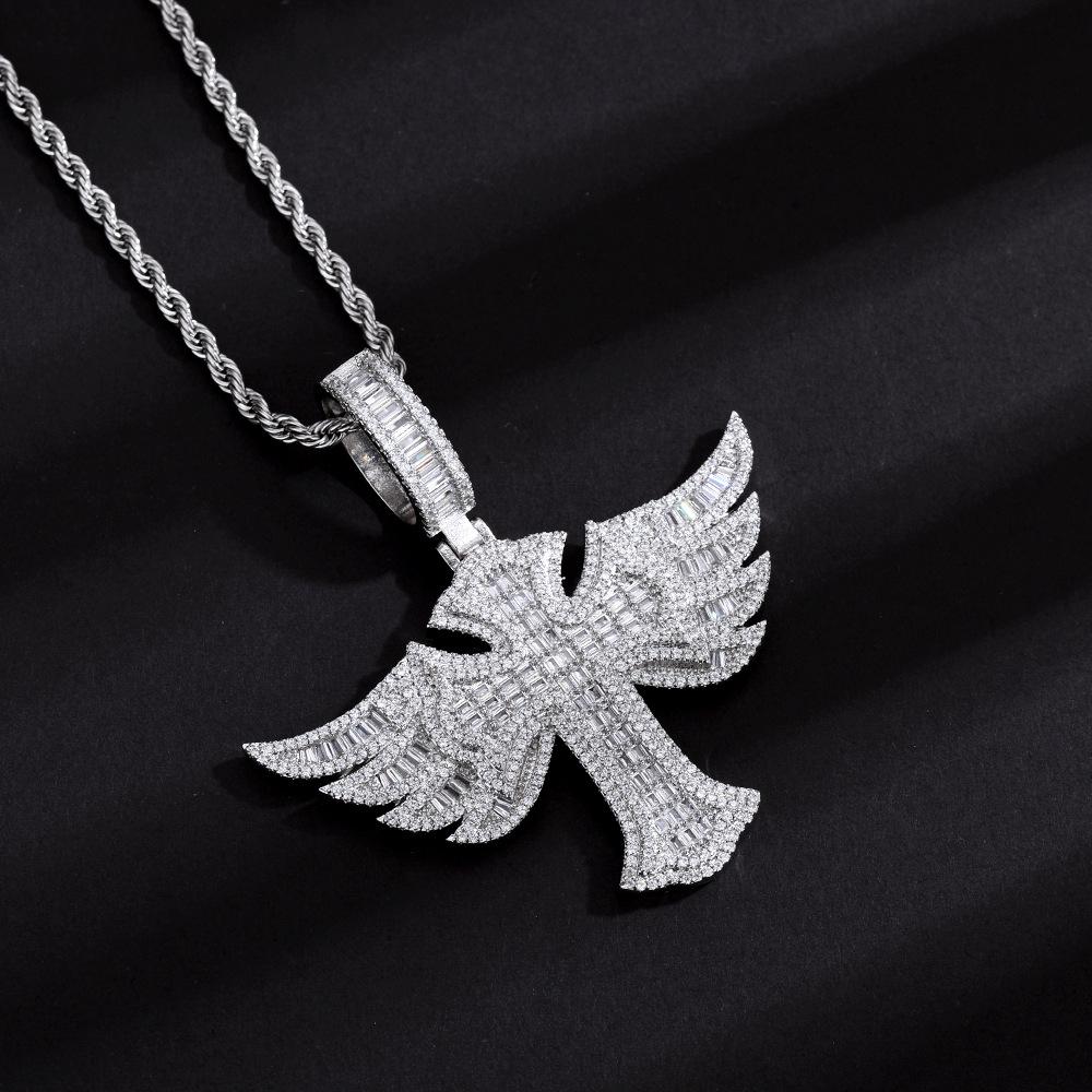 Angel Wings Cross Diamond Pendant Fashion Personality Trendy Men Zircon Jewelry Hip Hop Twist Chain