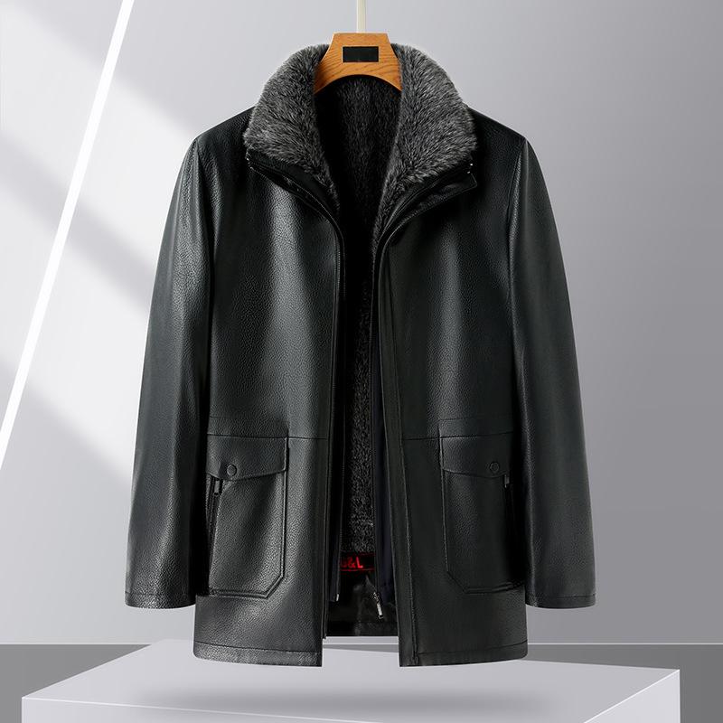 Fur Integrated Sheepskin Men's Dad's Genuine Leather Jacket Men's Mid-length Plus Fleece Leather Jacket