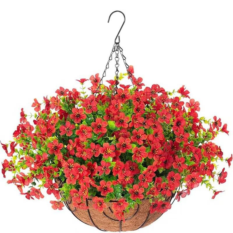 Artificial Violet Flower Hanging Basket With Iron Frame Coconut Fiber Liner Outdoor Garden Decor
