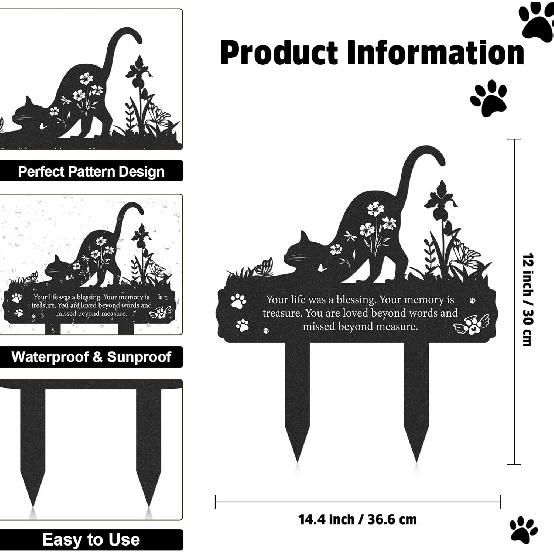 Grave Markers for Cemetery for Cat, Metal Grave Markers Yard Memorial Pet, Decorations for Cemetery for Loss of Cat Outdoors Garden Stake Decor (12 X