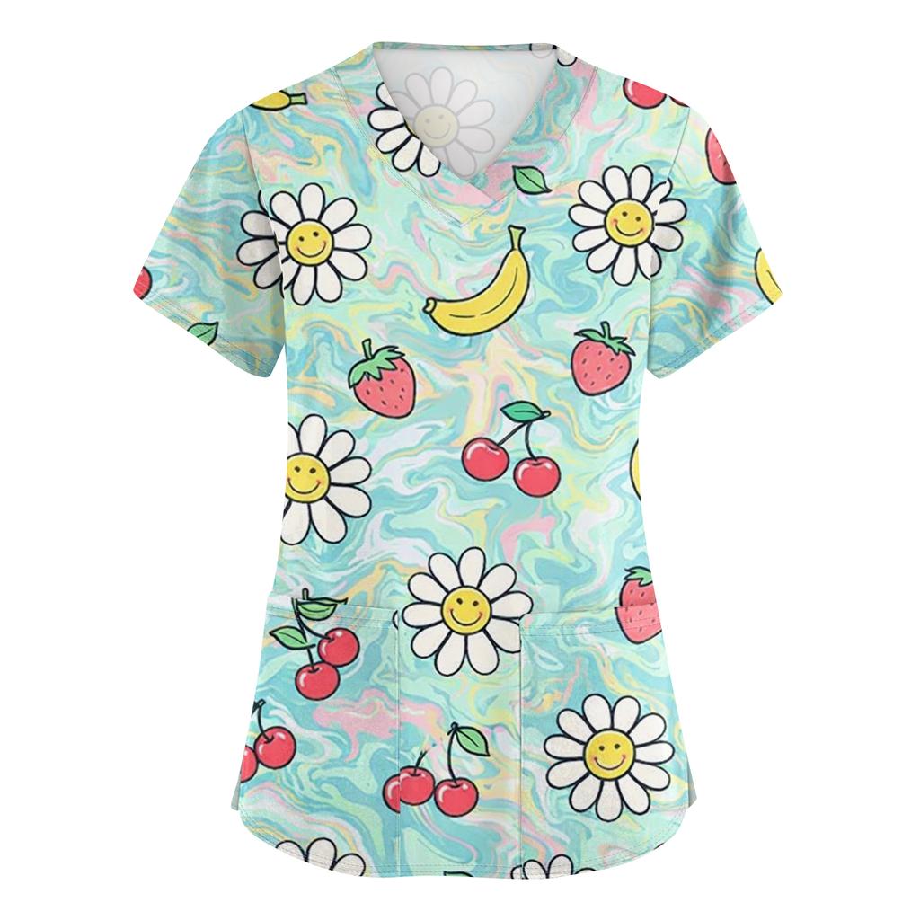 Women's Casual Short-Sleeve Cute Animal Print V-Neck Pocket Workwear Top