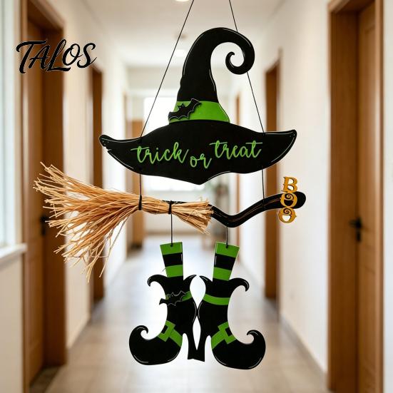 Rustic Halloween Sign Witch Hat Boot Sign, Hanging Trick or Treat Wall Decoration Decor for Home Room, Wooden Front Door Hanger Holiday Party, Or