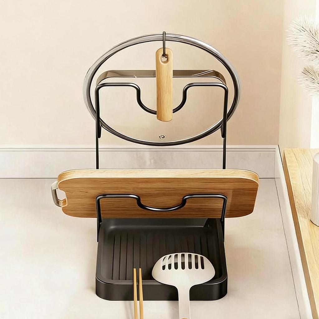 Lid Holder Space Saving Storage with Drain Tray Kitchen Lid Rack for Pot Pan for Ladle Spatula Spoon Plate Dish Cabinet