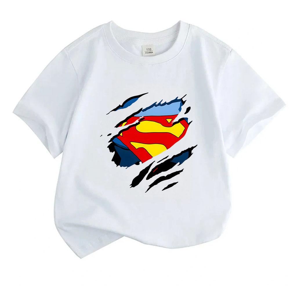 Kids Boys Girls Crew Neck Short Sleeve 100% Cotton T-Shirt, Cool Ripped Torn Effect Hero Chest Pattern Casual Soft Breathable Tees for Daily Summer We