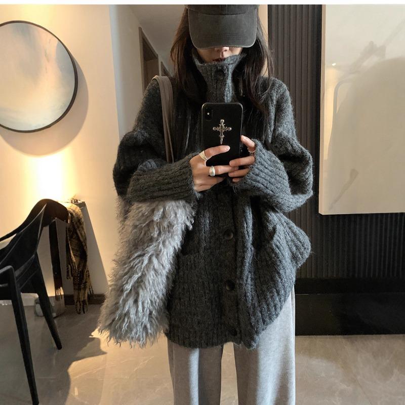 Gray soft waxy turtleneck cardigan sweater jacket women wear lazy wind loose medium and long knitted sweater in autumn and winter