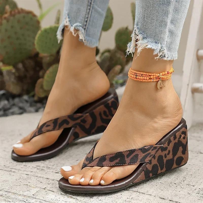 Fashion Leopard Wedges Sandals for Women 2025 Summer Lightweight High Heeled Flip Flops Mujer Woman's Comfort Non Slip Slippers Women