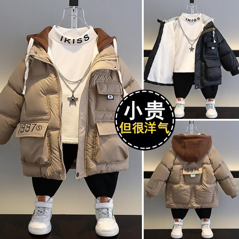 Kids Thick Winter Coat Boys Fleece Lined Down Jacket Washable Lambskin Outerwear Warm Padded Coat For Boys