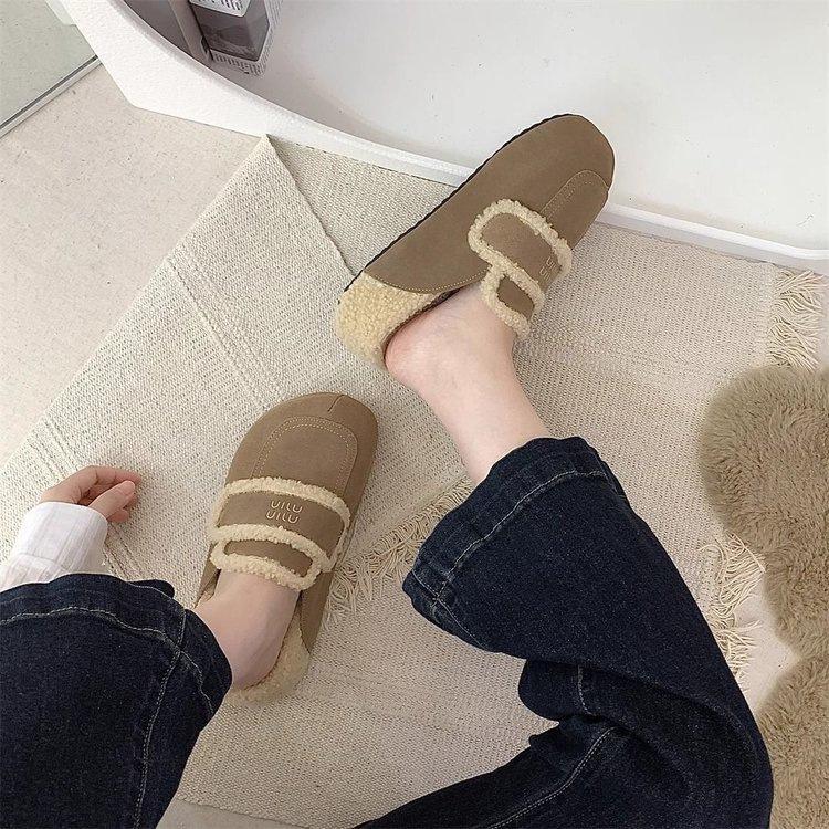 Retro bag head fluffy slippers winter new outer wear thick bottom Birkenstock half slippers velvet