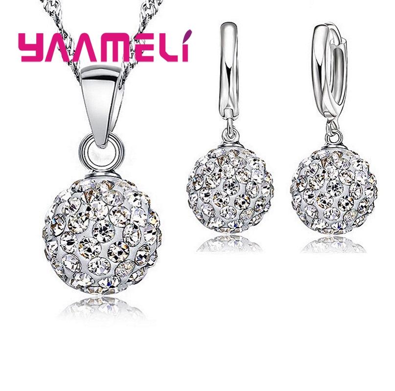 925 Sterling copper Stamped Bridal Zircon Sets Women Girls Wedding Gifts Austrian Crystal CZ Disco Ball Necklace Hoop Earrings