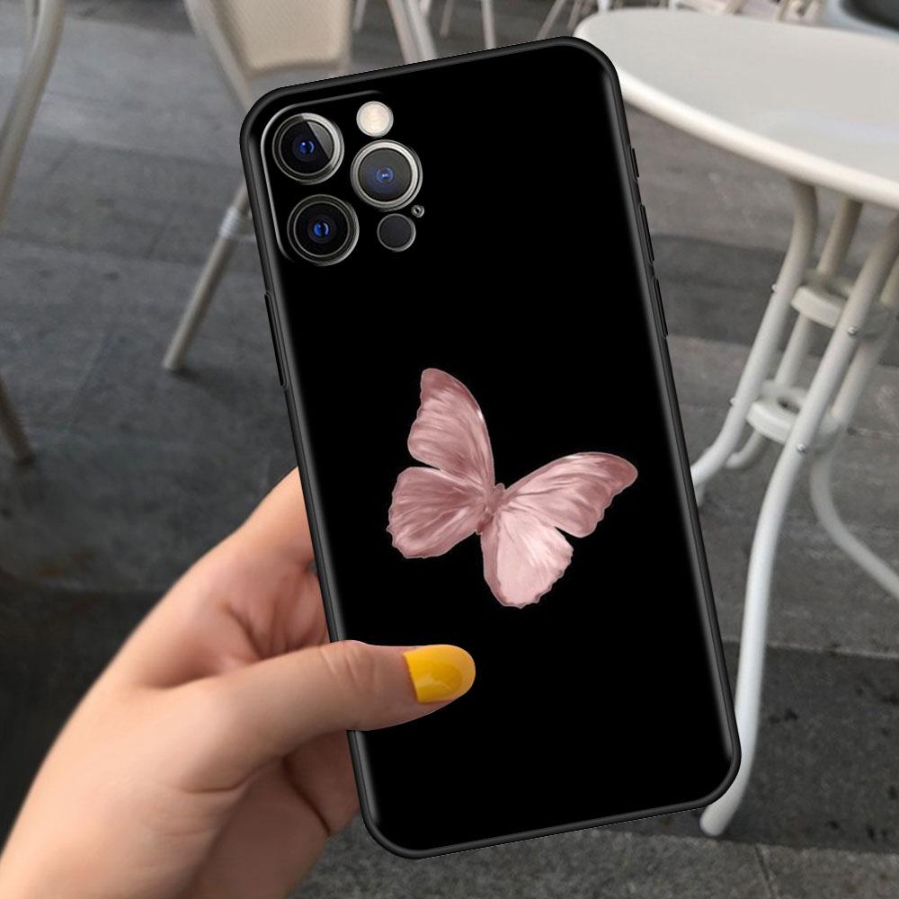 Custodia Per Apple iPhone 14 11 13 7 12 Pro 7 XR XS Max 8 Plus 6 14Pro Nera Morbida Telefono Coque Funda Rosa Bellezza Farfalla
