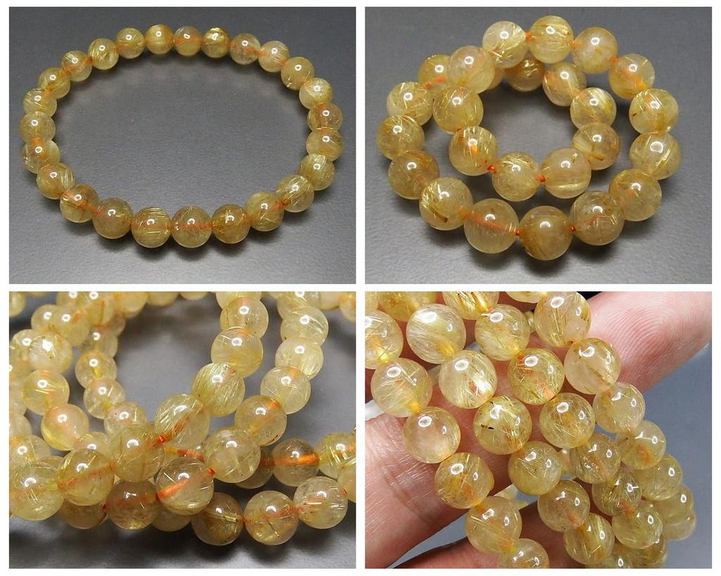 [Sekimachi] Popular Natural Gold Rutilated Quartz Bracelet with Many Needles, 7.5mm, Approx. 165mm, Unisex, Good Fortune, Power Stone