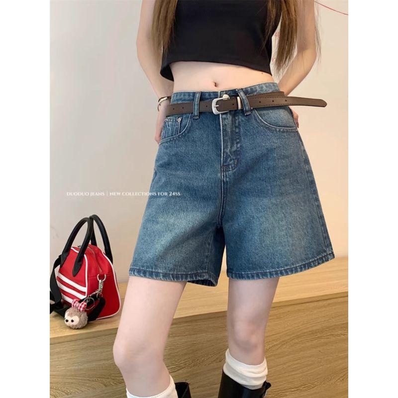 Kumikumi Retro Washed Denim Fifth Pants Women High Waist Loose Straight Wide Leg Pants Shorts