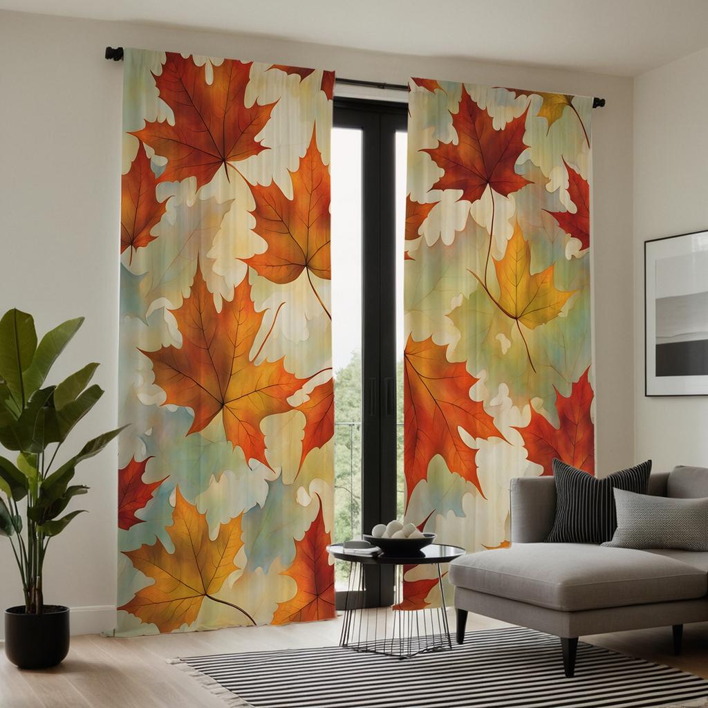 2 bucăți de frunze de arțar roșu de toamnă HD, perdea decorativă, perdea galbenă cu imprimeu digital, decorațiune stil decorațiune casă l