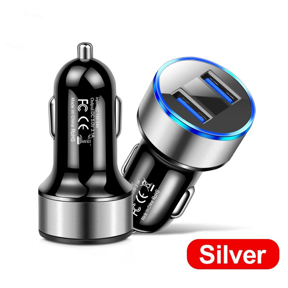 Dual USB Car Charger with LED Display, Aluminum Alloy, Cigarette Lighter Adapter, Fast Charging, Multi-Function.