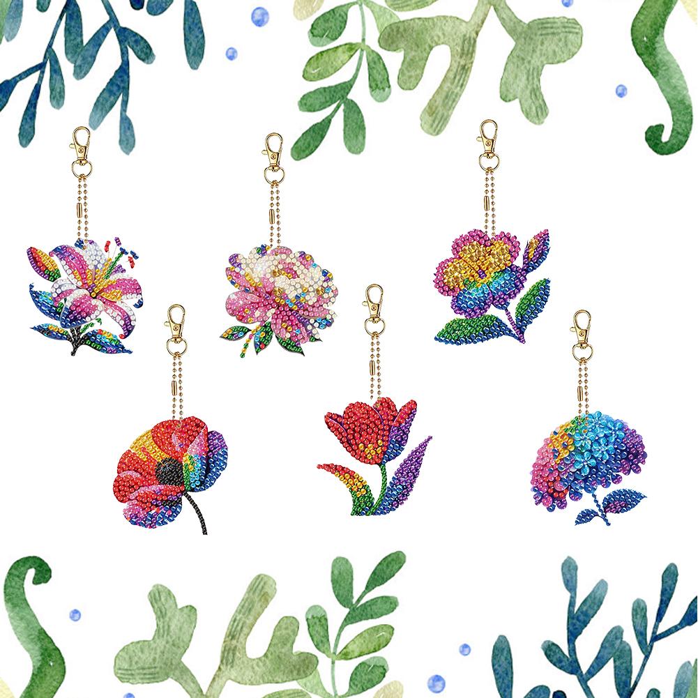 6pcs 2D Flat DIY Diamond Painting Keychain Diamond Art Kits Diamond Art Keychains Small Crystal Painting Keyrings for Home Decor