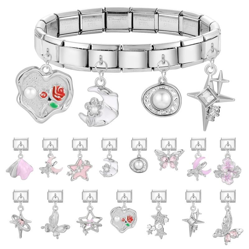 Pink Butterfly Romantic Flowers Heart Star Moon Pendant Italian Charm Links Fit 9mm Bracelet Stainless Steel DIY Making Jewelry