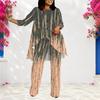 Women Plus Size Round Neck Long Sleeve Printed Layered Top Long Pants Two Piece Set