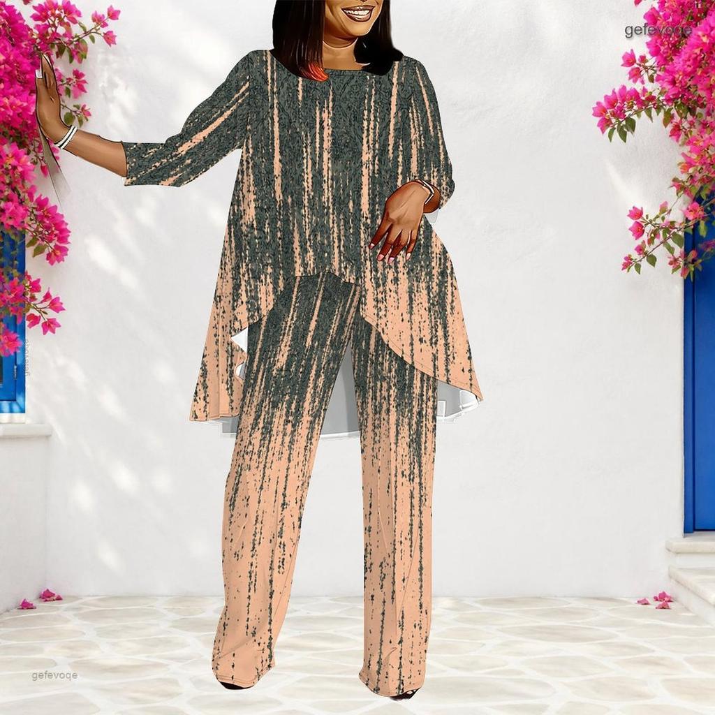 Women Plus Size Round Neck Long Sleeve Printed Layered Top Long Pants Two Piece Set