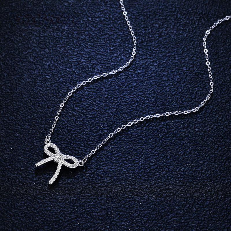 Pass Diamond Test Lab Moissanite Total 0.5 Carat Bow Necklace Pendant 925 Sterling Silver Platinum Plated Luxury Jewelry