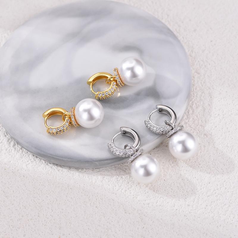 Fashion Round Big Pearl Bead Pendant Drop Hoop Earrings For Women Zinconia Ear Buckle Elegant Wedding Banquet Party Jewelry Gift