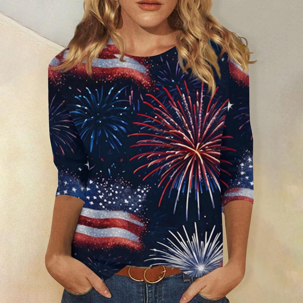 T-shirt Top Casual alla Moda da Donna con Stampa Bandiera Americana e Stelle per l'Indipendenza, Scollo, Manica a Tre Quarti