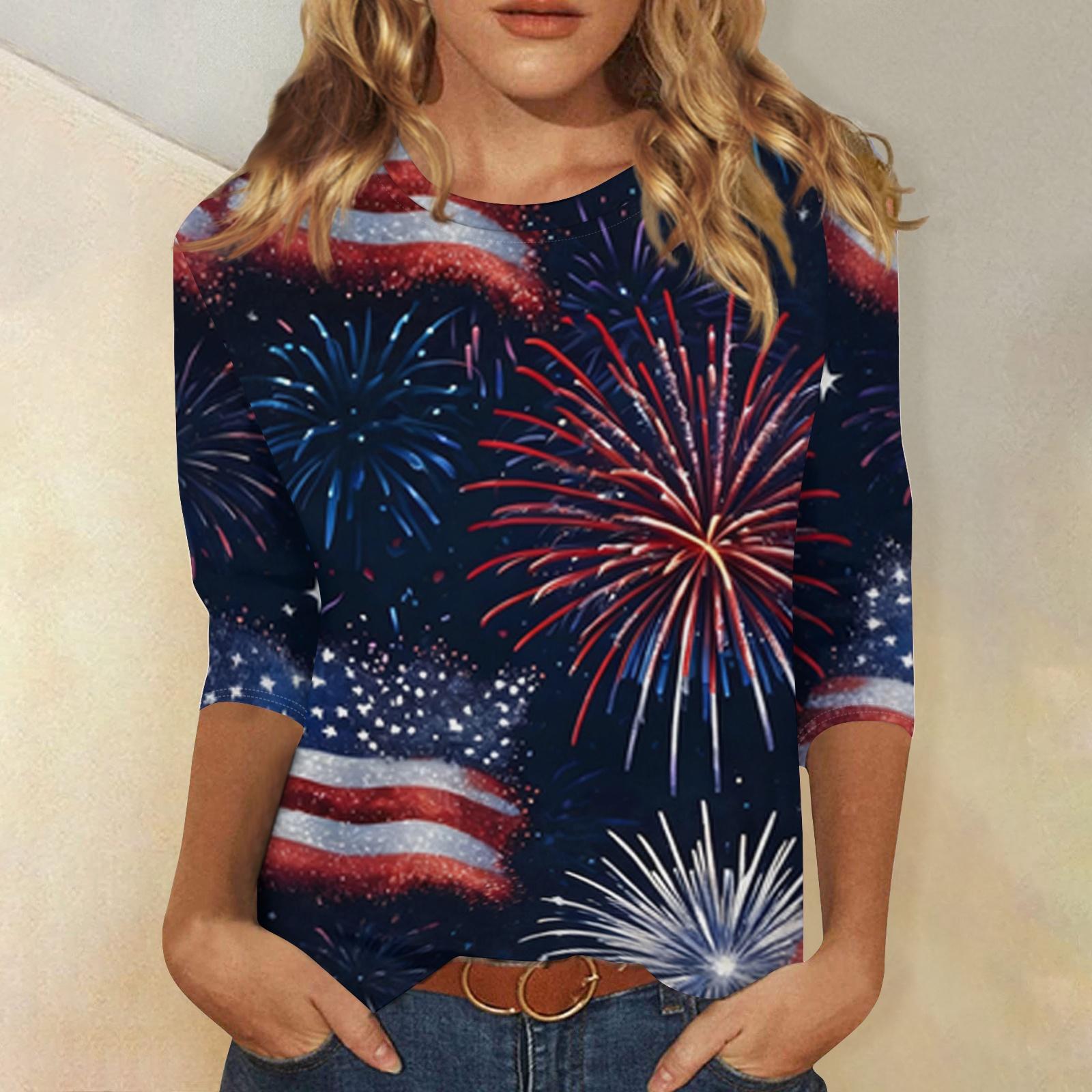 Женская модная повседневная футболка с принтом американского флага и звезд ко Дню независимости, с вырезом, рукав три четверти L темно-синий