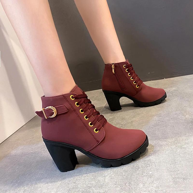 2024 Hot Selling Versatile New Spring and Winter Women's High Heels High Quality Lace Up Women's Shoes Thick Soled Boots