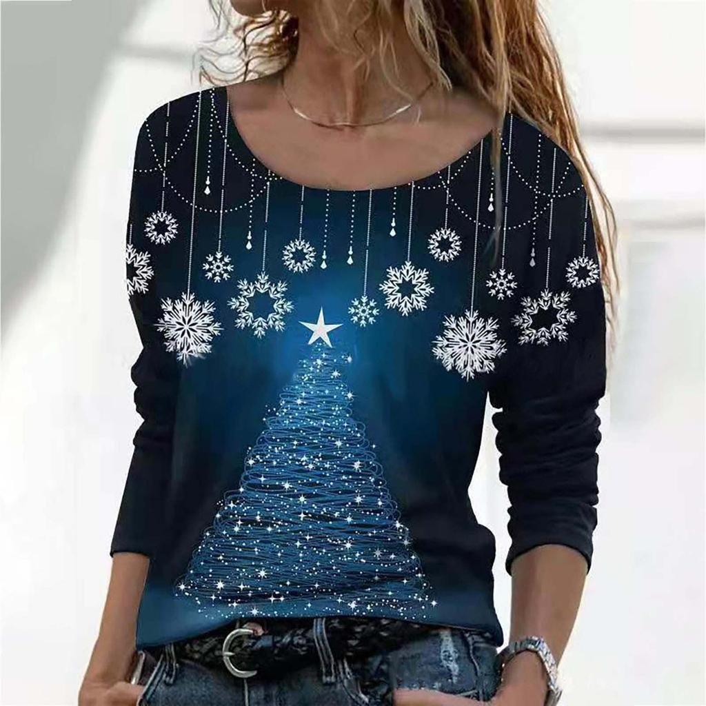 Women's Casual Fashion Christmas Print Long Sleeve O-Neck Pullover Top