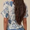 Summer Vintage Ivory Blue Flower Print Shirt Retro Elastic Ruched Back Square Collar Short Sleeve Short Blouse tank top Tops