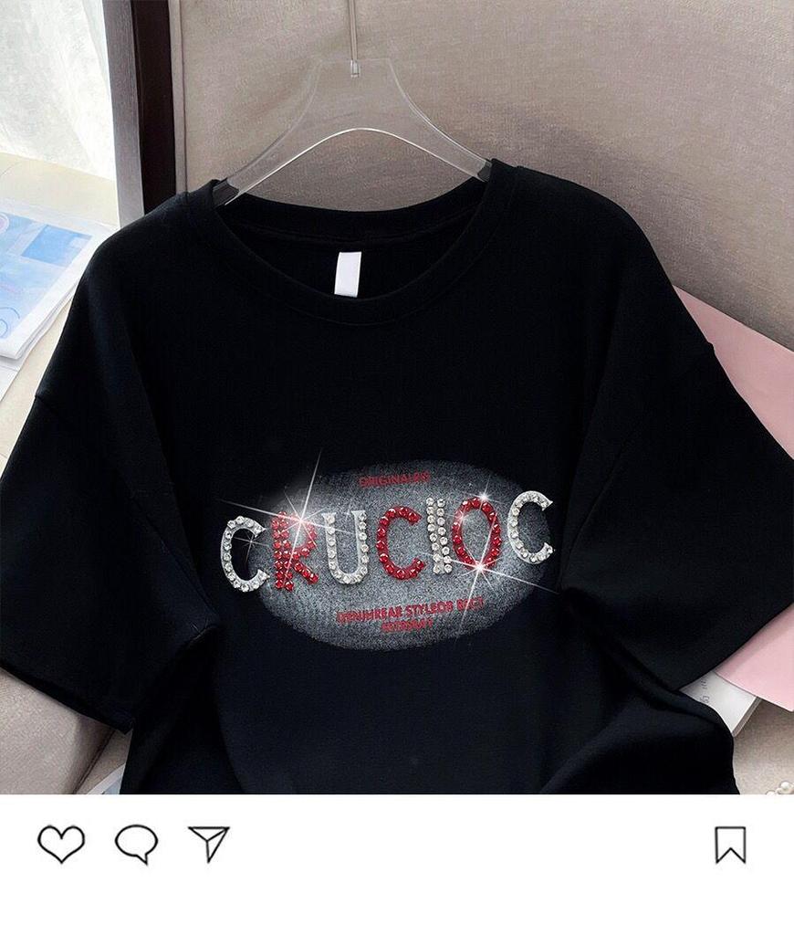 Women's 2024 Summer Trendy Loose Short Sleeve Pure Cotton Studded T-Shirt