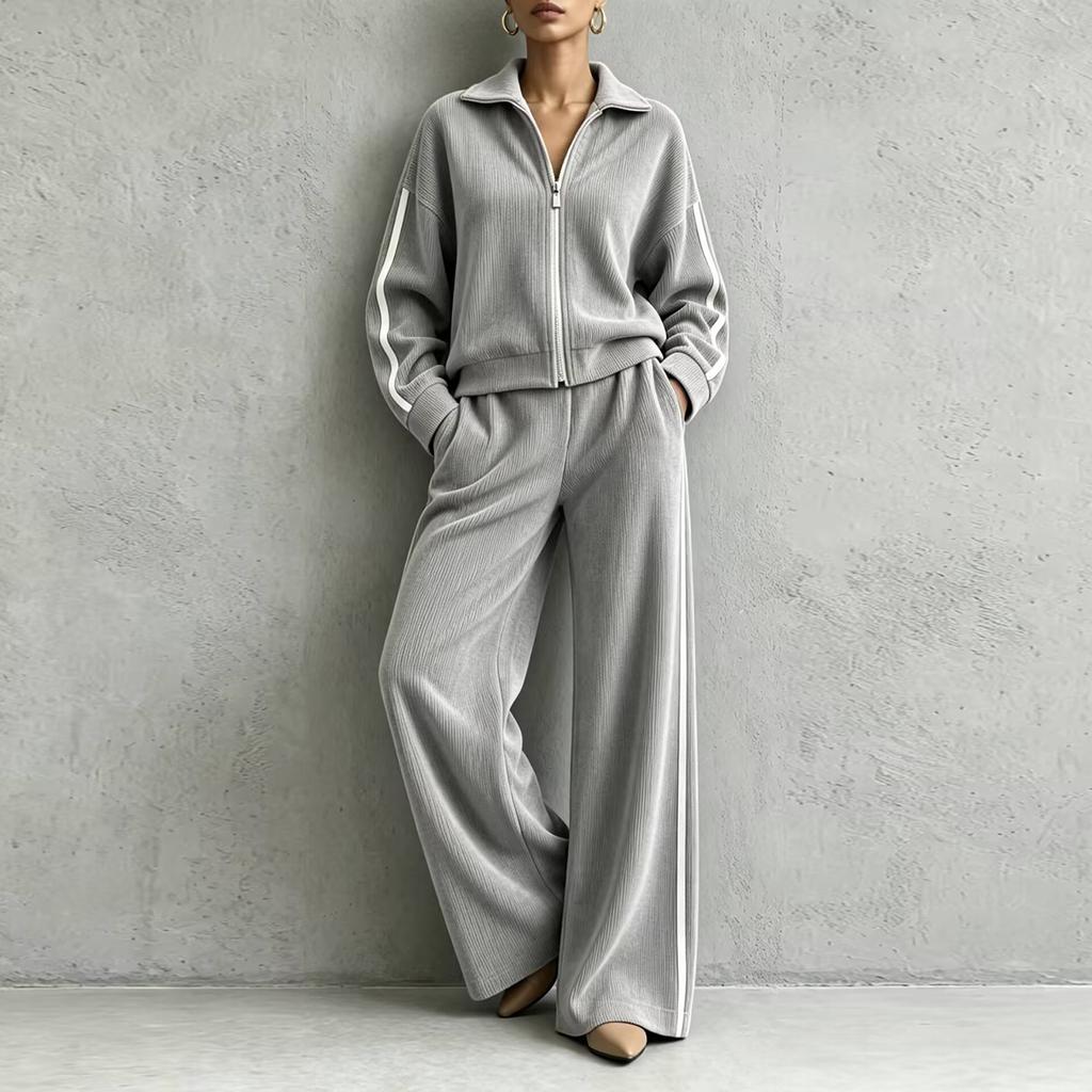 Women's Corduroy Casual 2 Piece Outfit with Zip Front Jacket and High Waist Wide Leg Pants for Fall Winter