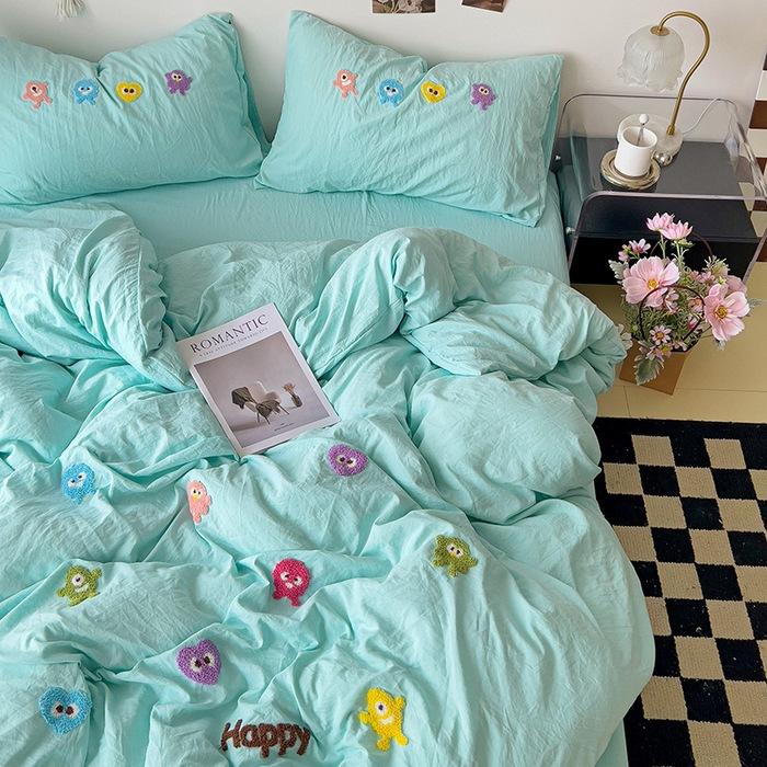 Class A Ins Pure Washed Cotton Bedding Four-Piece Set Quilt Cover Quilt Cover Bed Sheet Person Student Dormitory Three-Piece Set